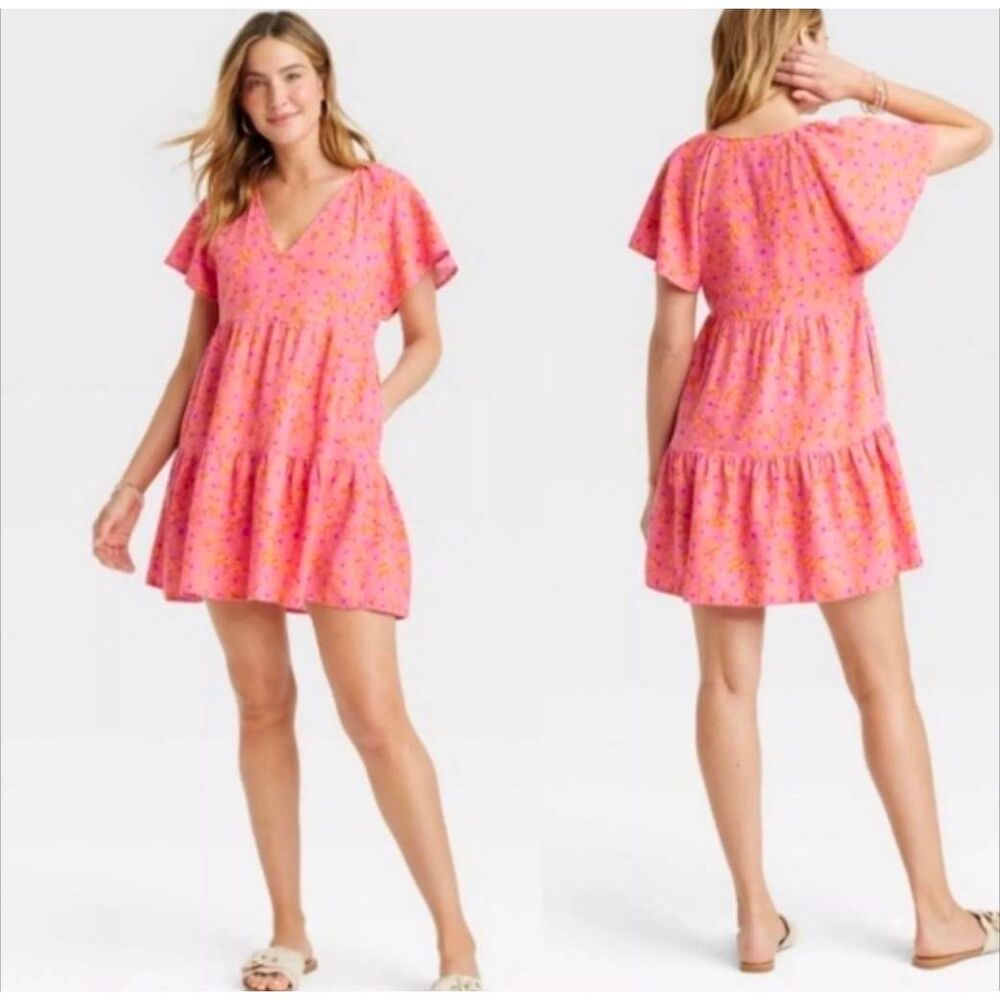 Universal Thread Pink orange floral linen flutter sleeve mini dress womens L